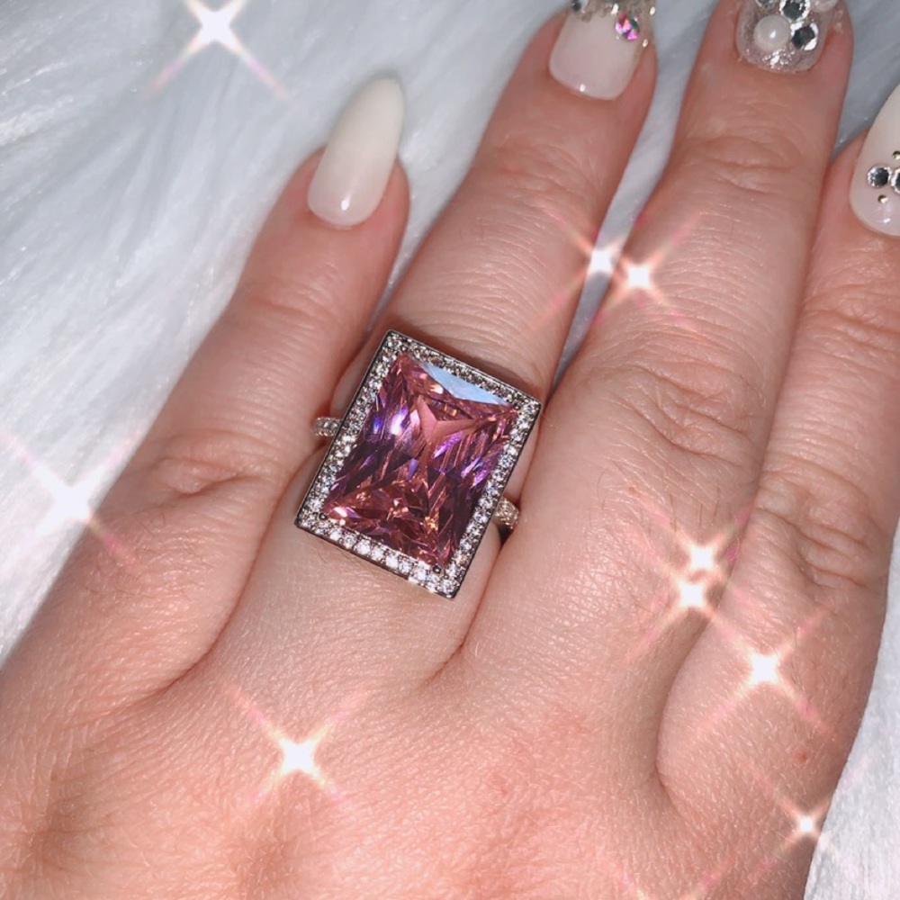 Pink Silver Plated Ring Emerald Cut